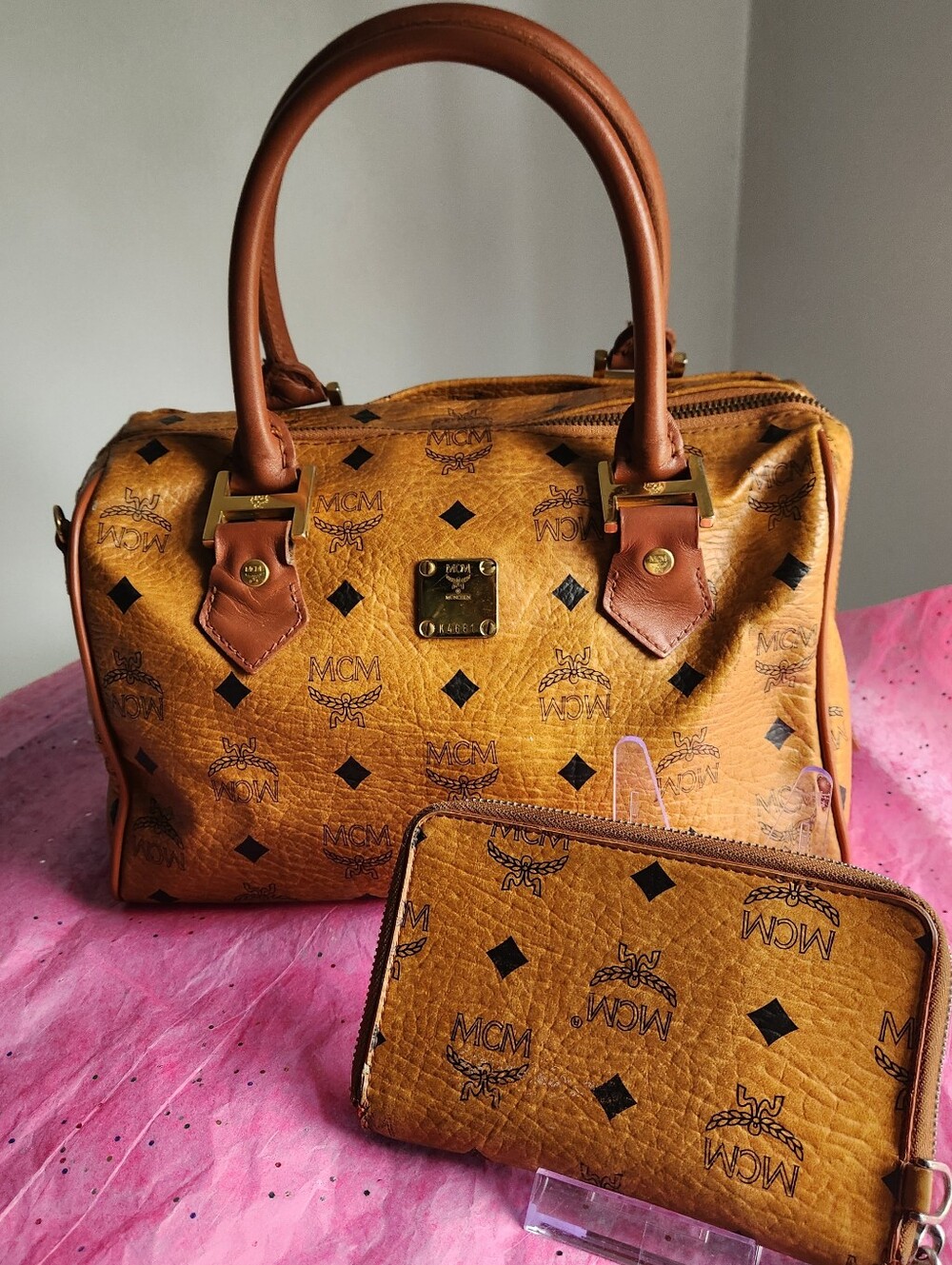 MCM Cognac Black satchel and wallet set EUC